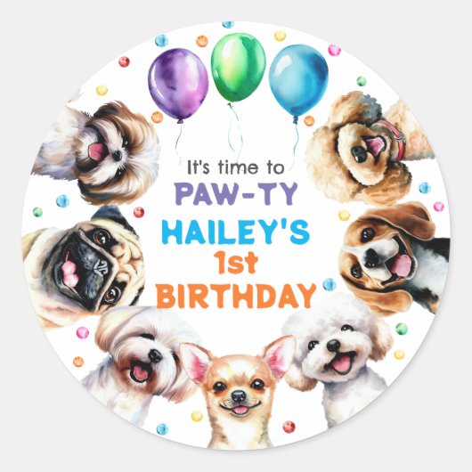 Sticker Rond Thème de chien fête d'anniversaire (Devant)
