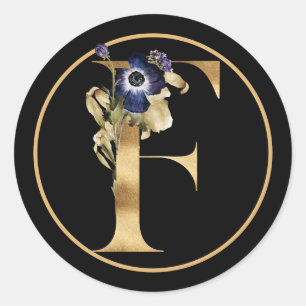 STICKER ROND THÈME DE CHUTE MONOGRAMME D'OR F AVEC ARRANGEMENT 