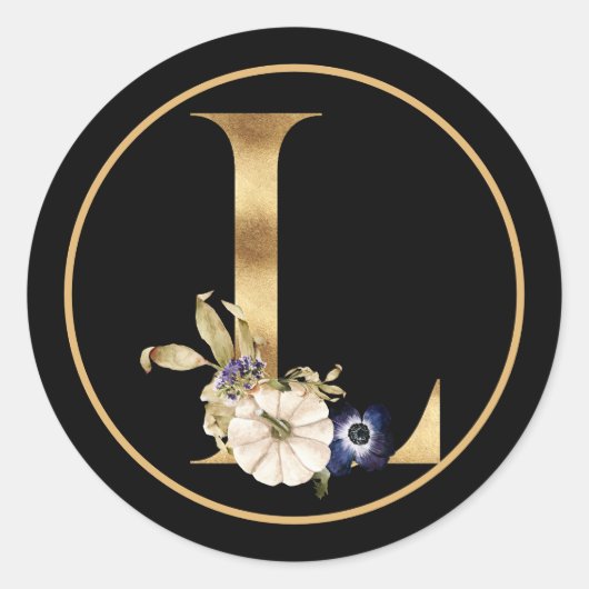 STICKER ROND THÈME DE CHUTE MONOGRAMME D'OR L AVEC CITROUILLE (Devant)