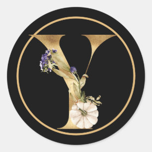 STICKER ROND THÈME DE CHUTE MONOGRAMME Y AVEC CITROUILLE BLANC
