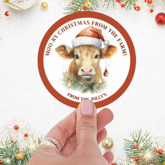 Sticker Rond Thème de ferme personnalisé Vache Noël
