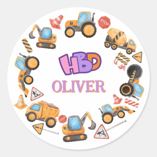 Sticker Rond Thème de fête d'anniversaire de construction (Devant)