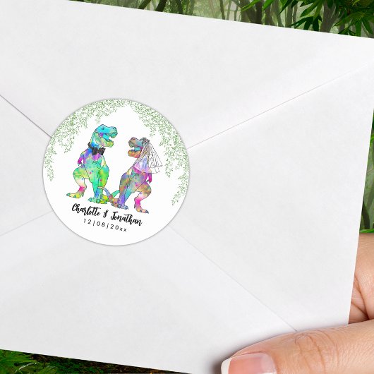 Sticker Rond Thème de mariage dinosaure coloré