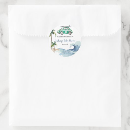 Sticker Rond Thème de surf Baby shower Invitation Plage Bébé (Sac)