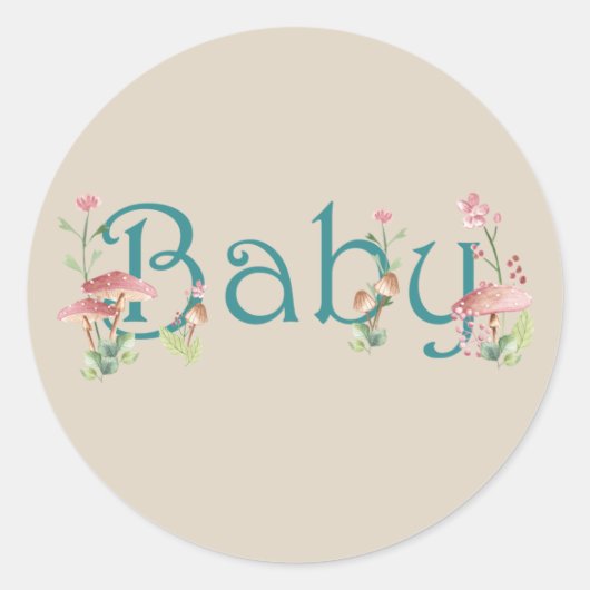 Sticker Rond Thème Forêt Whimsical avec Baby shower Champignons (Devant)