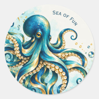 Sticker Rond Thème Océan | Pieuvre | Mer de Fun | Cadeau de Fêt