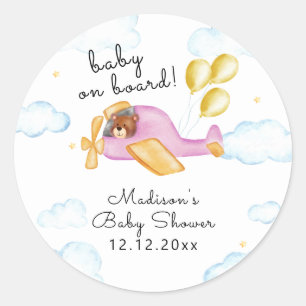 Sticker Rond Thème ours en peluche pilote ballon avion Baby Sho