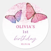 Sticker Rond Thème papillon 1er anniversaire Fête Favoriser (Devant)