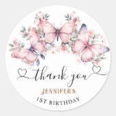 Sticker Rond Thème Papillon rose 1er anniversaire Favoriser Cla (Devant)