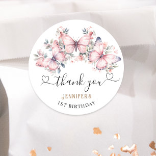 Sticker Rond Thème Papillon rose 1er anniversaire Favoriser Cla