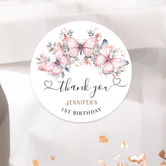Sticker Rond Thème Papillon rose 1er anniversaire Favoriser Cla