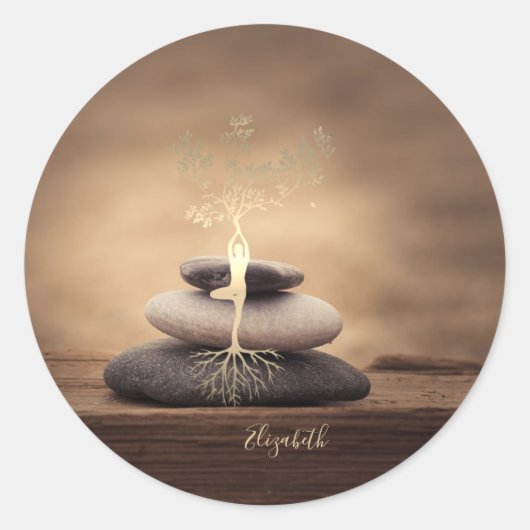 Sticker Rond Therapist Zen Stones, Gold Tree Silhouette Brown (Devant)
