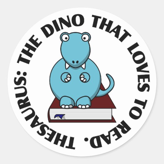Sticker Rond Thésaurus : Un Dinosaure qui aime lire des livres (Devant)