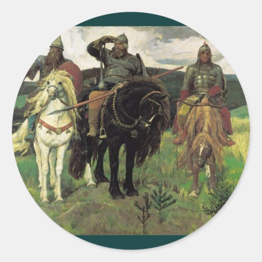 Sticker Rond Three Bogatyrs (1898) par Viktor Vasnetsov Print (Devant)