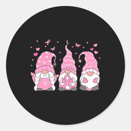 Sticker Rond Three Gnome Pink Ribbon Warrior Breast Cancer Awar (Devant)