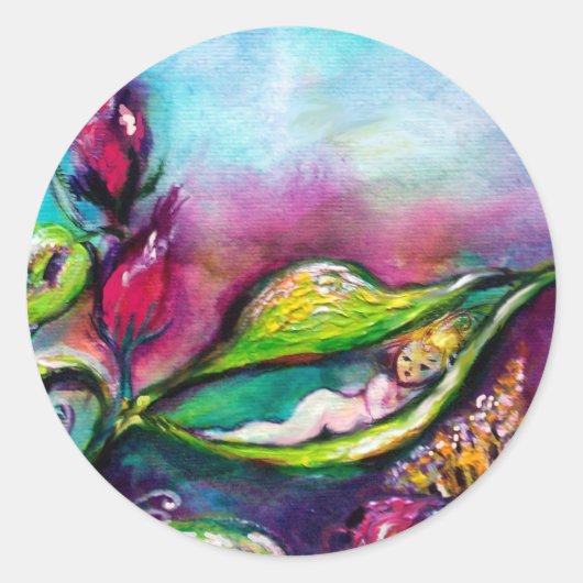 STICKER ROND THUMBELINA DORMIR ENTRE FEUILLES ROSE (Devant)