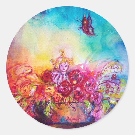 STICKER ROND THUMBELINA, PANIER À FLEURS ET BOUTEILLE (Devant)