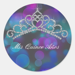 Sticker Rond Tiara Violet Rose Turquoise Sweet 15 16 Quinceana