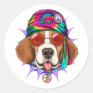 Sticker Rond Tie Dye Hippie Beagle Hippie Paix amour chien