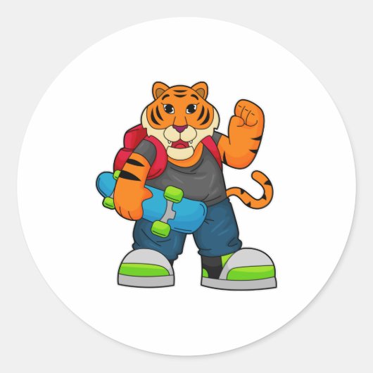 Sticker Rond Tiger comme patineur avec skateboard (Devant)