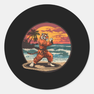 Sticker Rond Tiger de kickboxing Plage Coucher de soleil Karaté