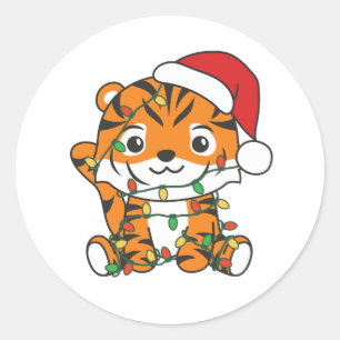 Sticker Rond Tiger Noël Animaux d'hiver Tigers de vacances