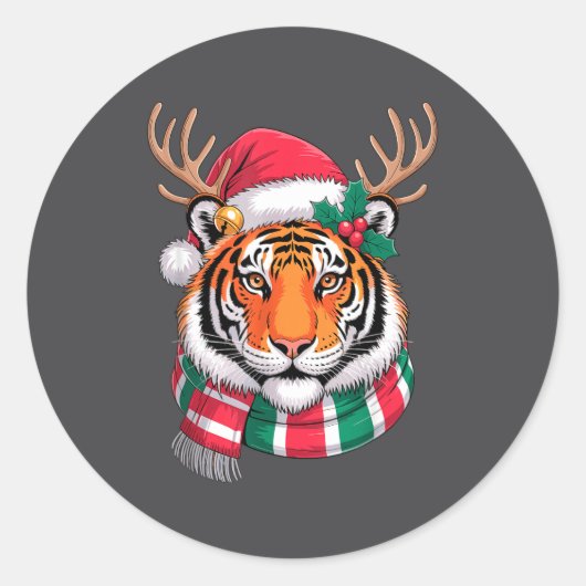 Sticker Rond Tiger Reindeer Christmas Santa Hat Tiger Xmas  (Devant)