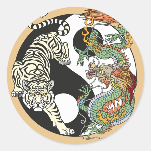Sticker Rond Tigre blanc contre dragon vert au Yin yang (Devant)