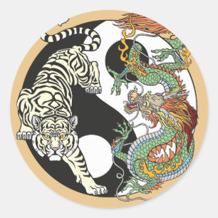 Sticker Rond Tigre blanc contre dragon vert au Yin yang