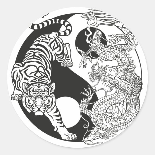 Sticker Rond Tigre blanc contre dragon vert dans le yin (Devant)