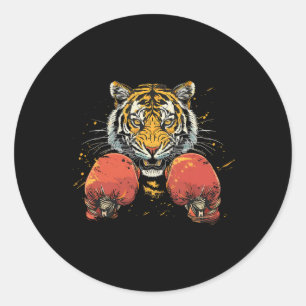 Sticker Rond Tigre boxeur avec gants de boxe Kickboxing Drôle B