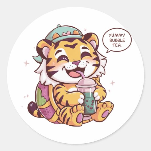 Sticker Rond Tigre de dessin adorable : Cosy, Kawaii Vibes (Devant)