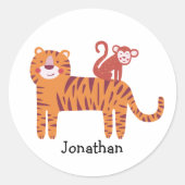 Sticker Rond Tigre mignon avec nom personnalisé avec singe sur  (Devant)