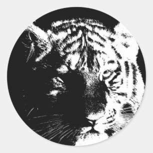 Sticker Rond Tigre noir et blanc Pop Art