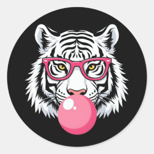 Sticker Rond Tigre Portant des lunettes et soufflant de la gomm
