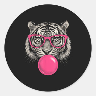 Sticker Rond Tigre Visage Rose Sungles Wild Animal Jungle Funny