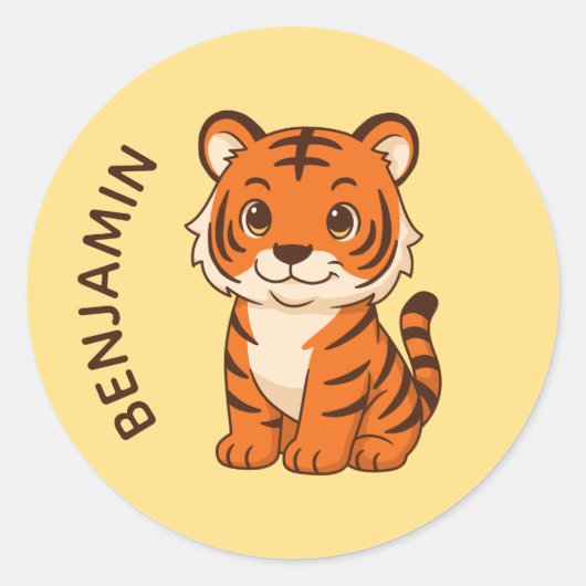 Sticker Rond Tigreau Mignon Nom Personnalisé Jaune (Devant)