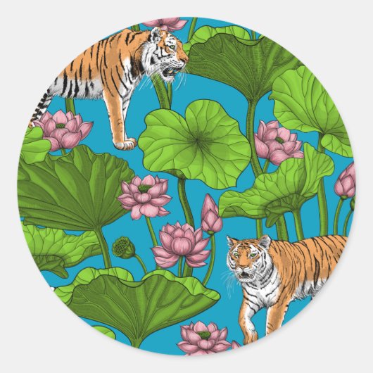 Sticker Rond Tigres dans l'étang rose lotus (Devant)