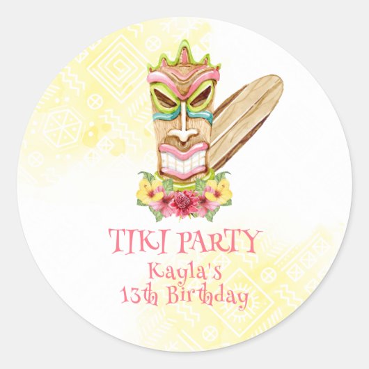 Sticker Rond Tiki Party, Anniversaire de Luau (Devant)