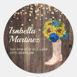 Sticker Rond Timbre de Sunflower Rustique Roses Bleues Bottes A