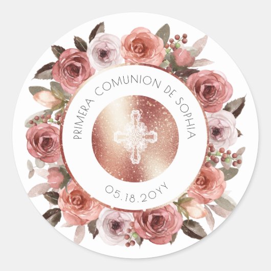 Sticker Rond Timbre/Enveloppe Florale pour Première Communion E (Devant)