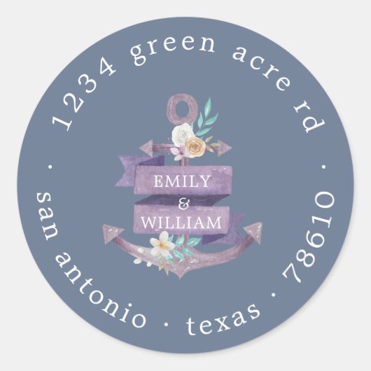 Sticker Rond timbre floral ancre violet adresse de retour (Devant)