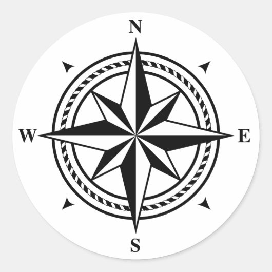 Sticker Rond Timbre-poste rose compas noir et blanc (Devant)