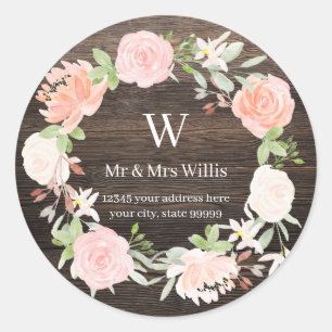 Sticker Rond Timbres de Adresse de Retour en Bois Rustique Rose