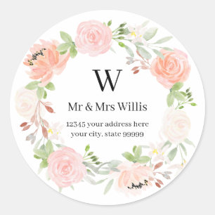 Sticker Rond Timbres de retour d'adresse Fleur de Rose Ivoire B
