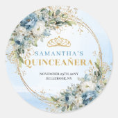 Sticker Rond Timeless Pale Blue Gold Greenery 15th Birthday  (Devant)