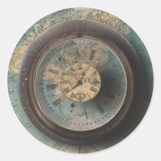 Sticker Rond Timepiece Carte du monde Horloge Steampunk (Devant)