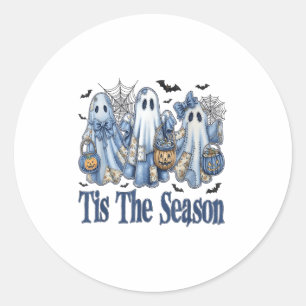 Sticker Rond Tis Season Blue Patchwork Ghost Citrouille Éffraya