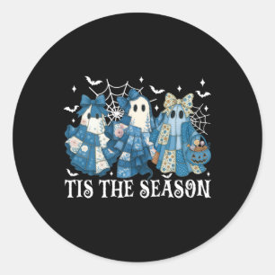 Sticker Rond Tis Season Blue Patchwork Ghost Citrouille Éffraya