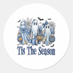 Sticker Rond Tis Season Blue Patchwork Ghost Citrouille Éffraya